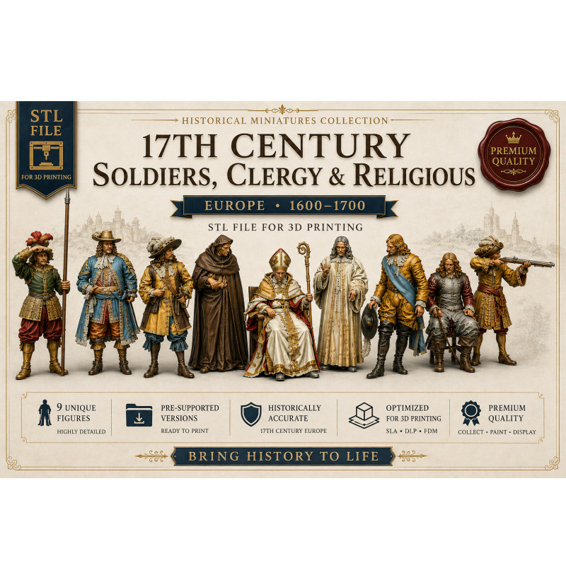 17th Century European Soldiers Clergy – 9 STL Models for 3D Printing