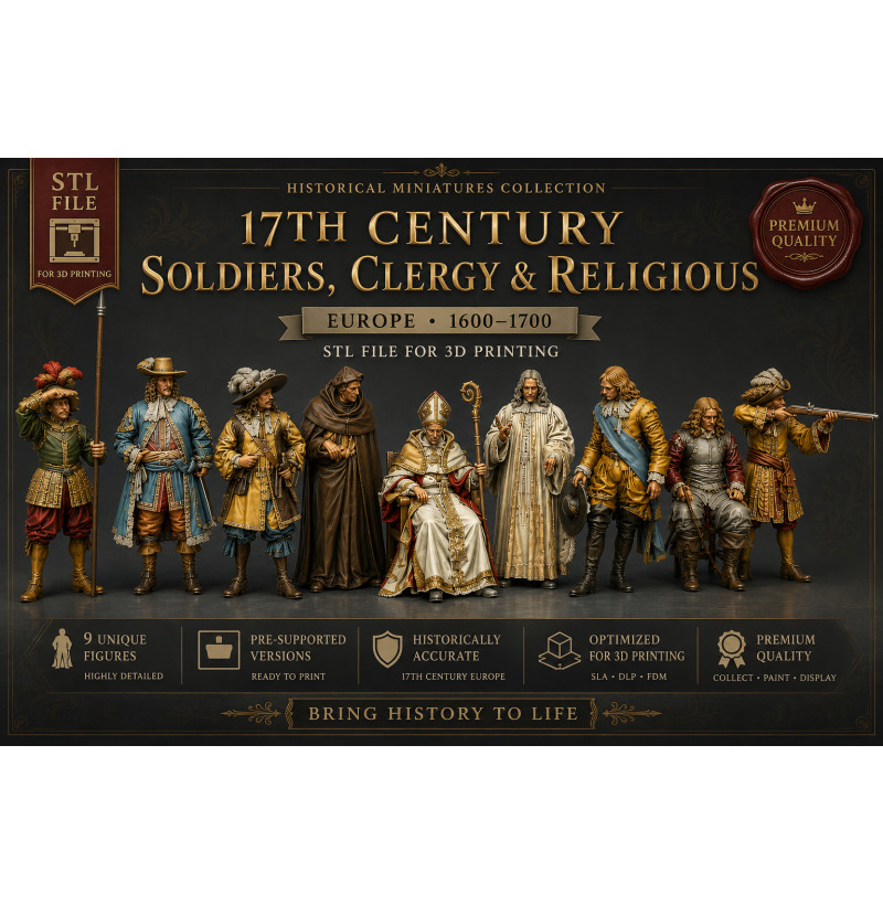 17th Century European Soldiers Clergy – 9 STL Models for 3D Printing