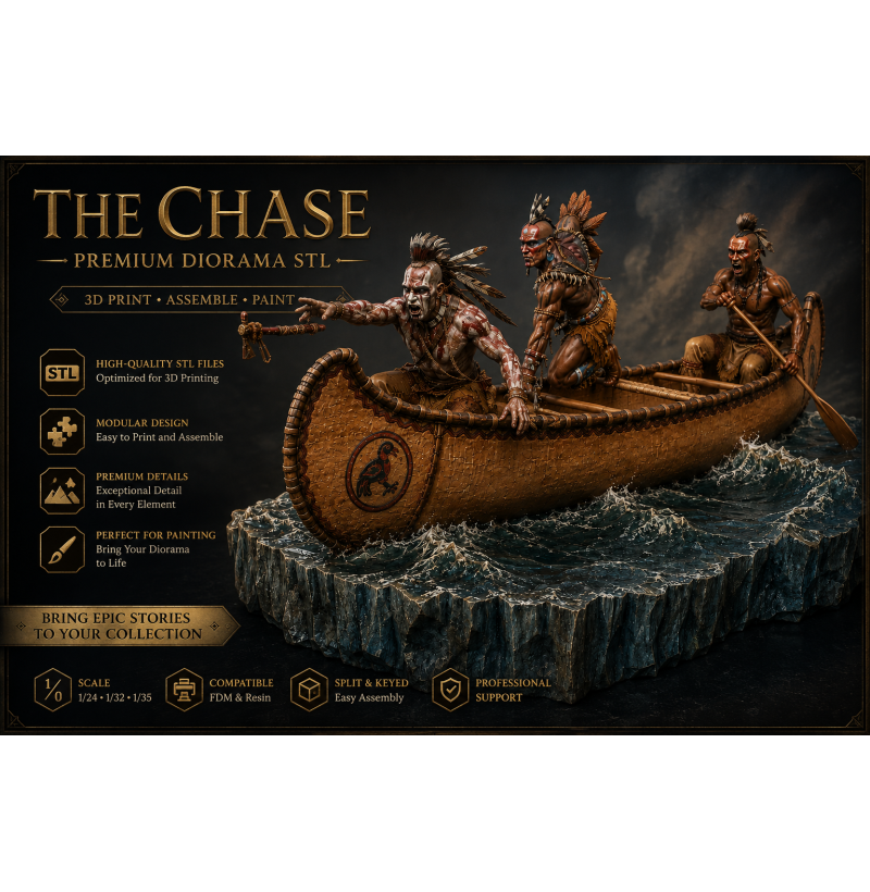 The Chase — Native American Warriors in a Canoe | STL Diorama for 3D Printing