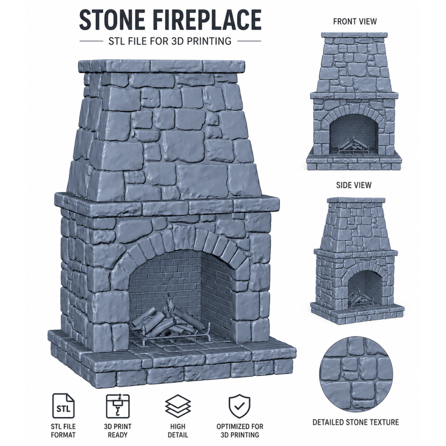 Stone Fireplace STL File for 3D Printing Stone Fireplace STL File for 3D Printing