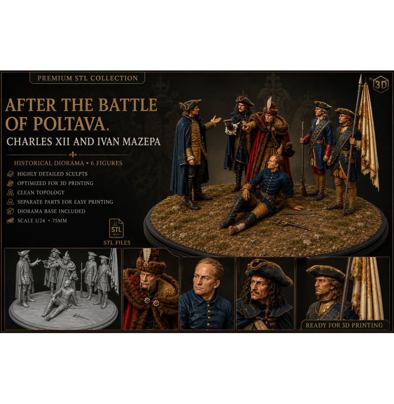 After the Battle of Poltava — Charles XII and Ivan Mazepa Diorama STL Files for 3D Printing