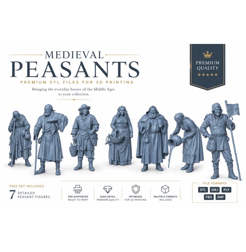Medieval Peasants Set – 7 Historical STL Miniatures for 3D Printing