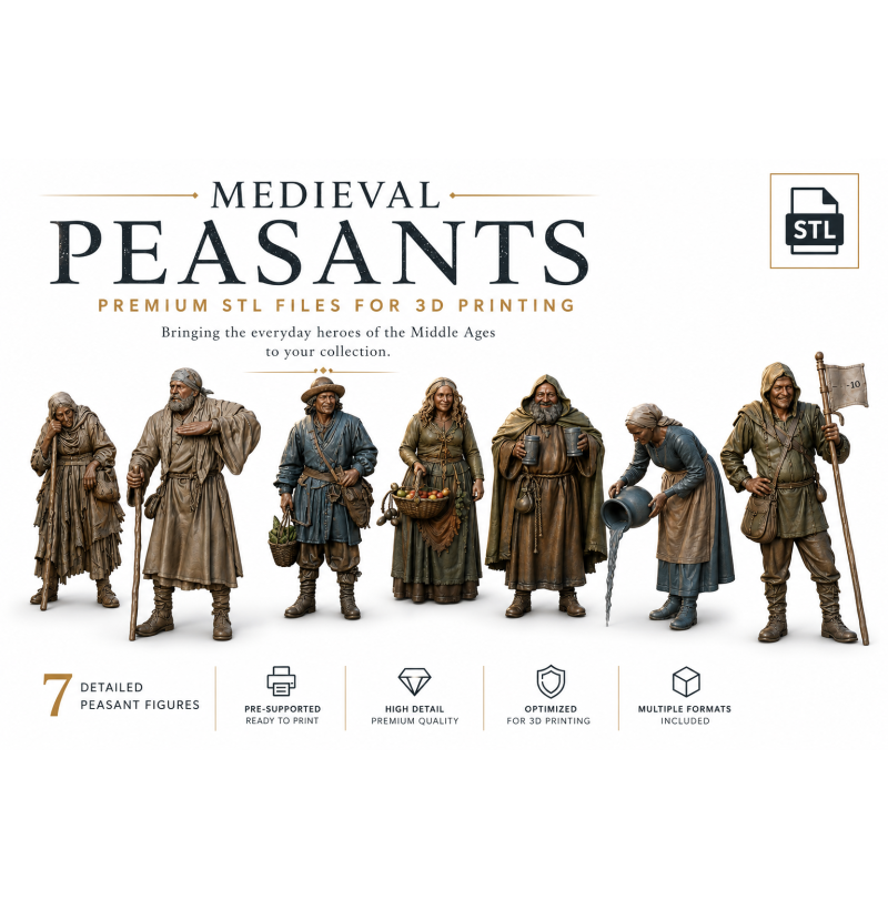 Medieval Peasants Set – 7 Historical STL Miniatures for 3D Printing