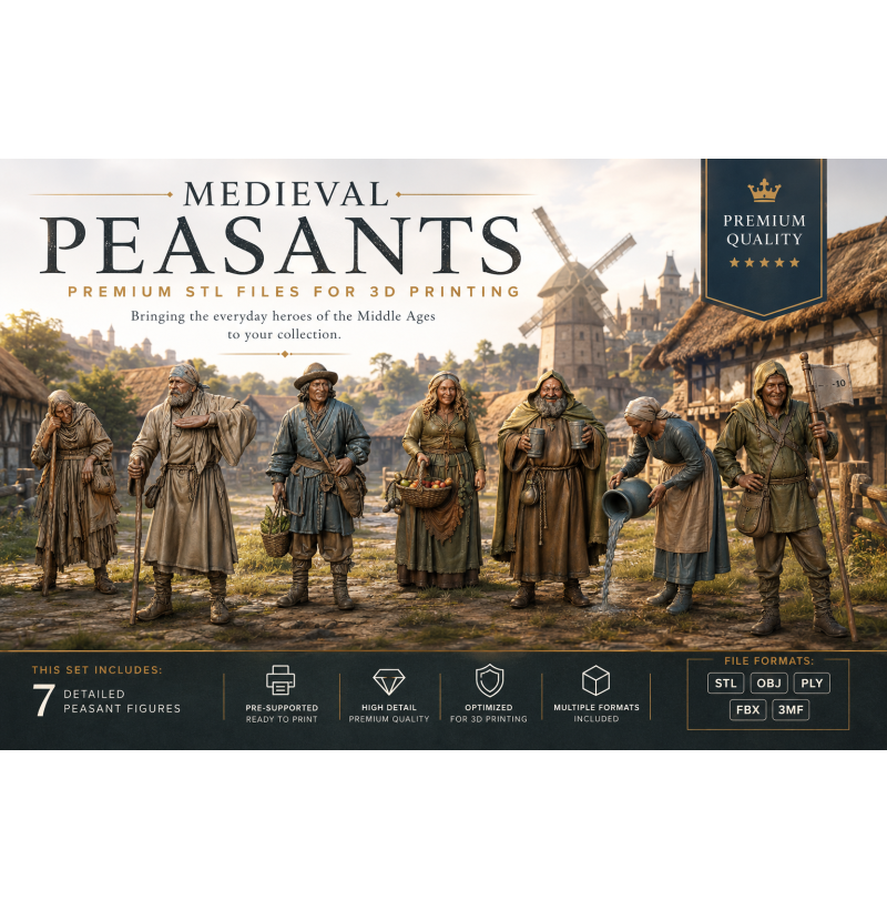 Medieval Peasants Set – 7 Historical STL Miniatures for 3D Printing