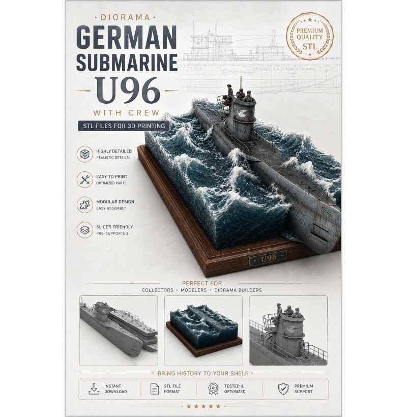 German U-96 Submarine with Crew Diorama – STL Files for 3D Printing
