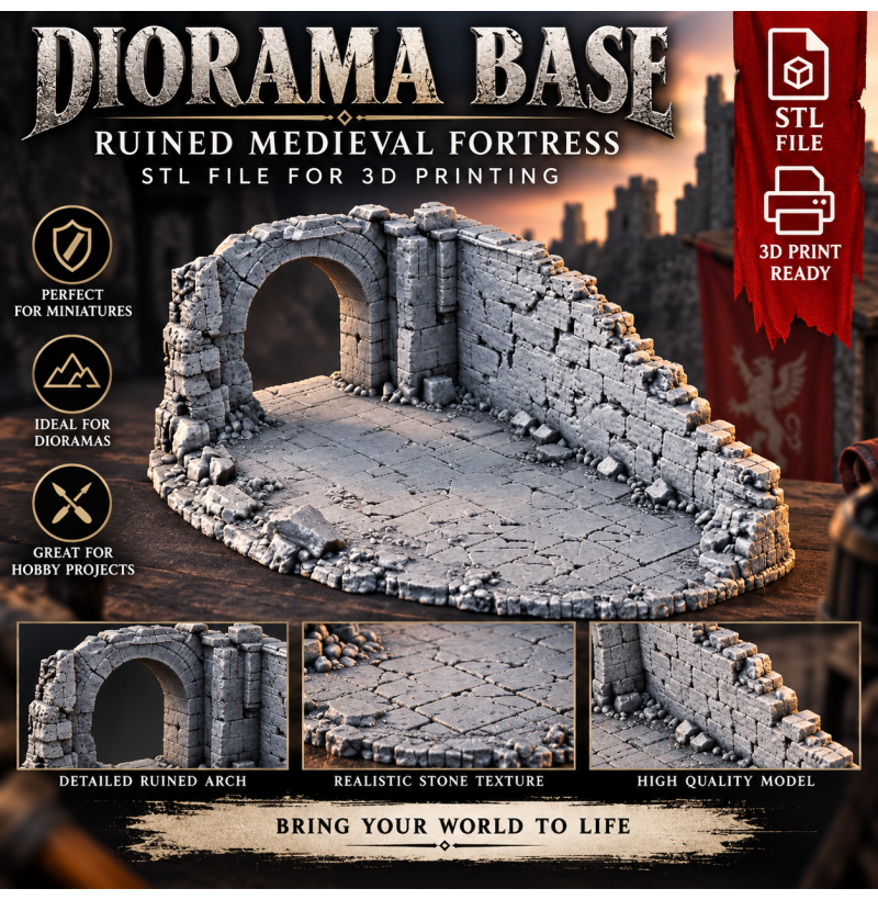 Ruined Medieval Fortress — Diorama Base | STL File for 3D Printing