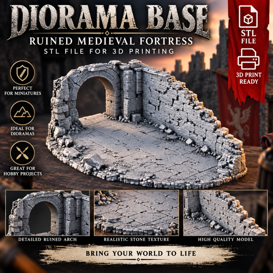 Ruined Medieval Fortress — Diorama Base | STL File for 3D Printing