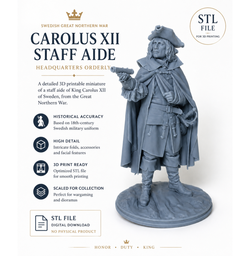 Charles XII Army Staff Aide — Historical STL Miniature for 3D Printing
