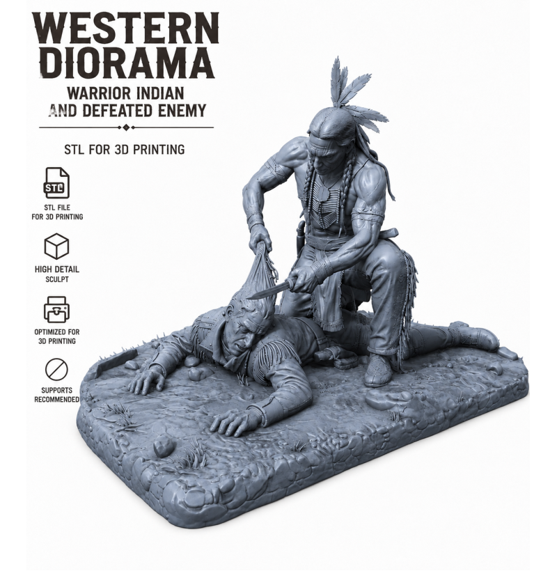 Western Diorama STL File for 3D Printing | Native Warrior Scene | Resin Miniature