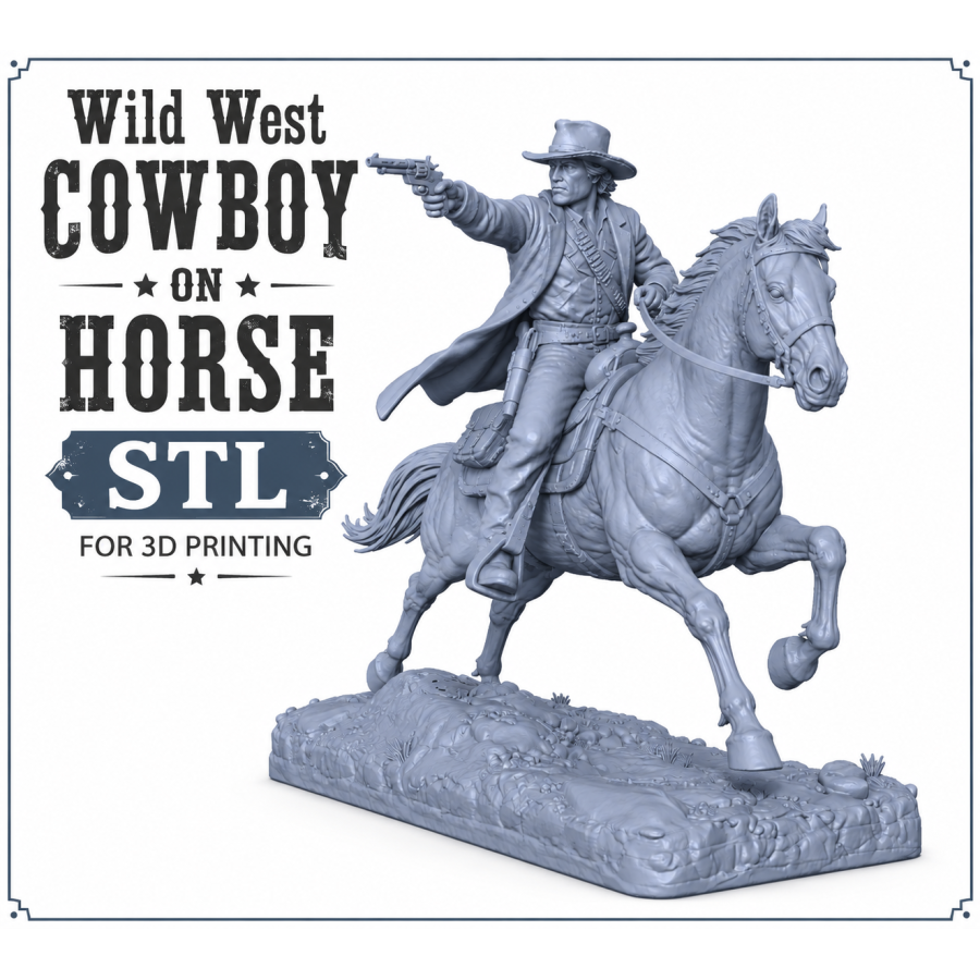 Wild West Cowboy on Horse STL – 3D Printable Western Miniature Wild West Cowboy on Horse STL – 3D Printable Western Miniature