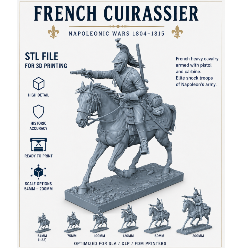 French Cuirassier STL File for 3D Printing – Napoleonic Heavy Cavalry Miniature (1804–1815)