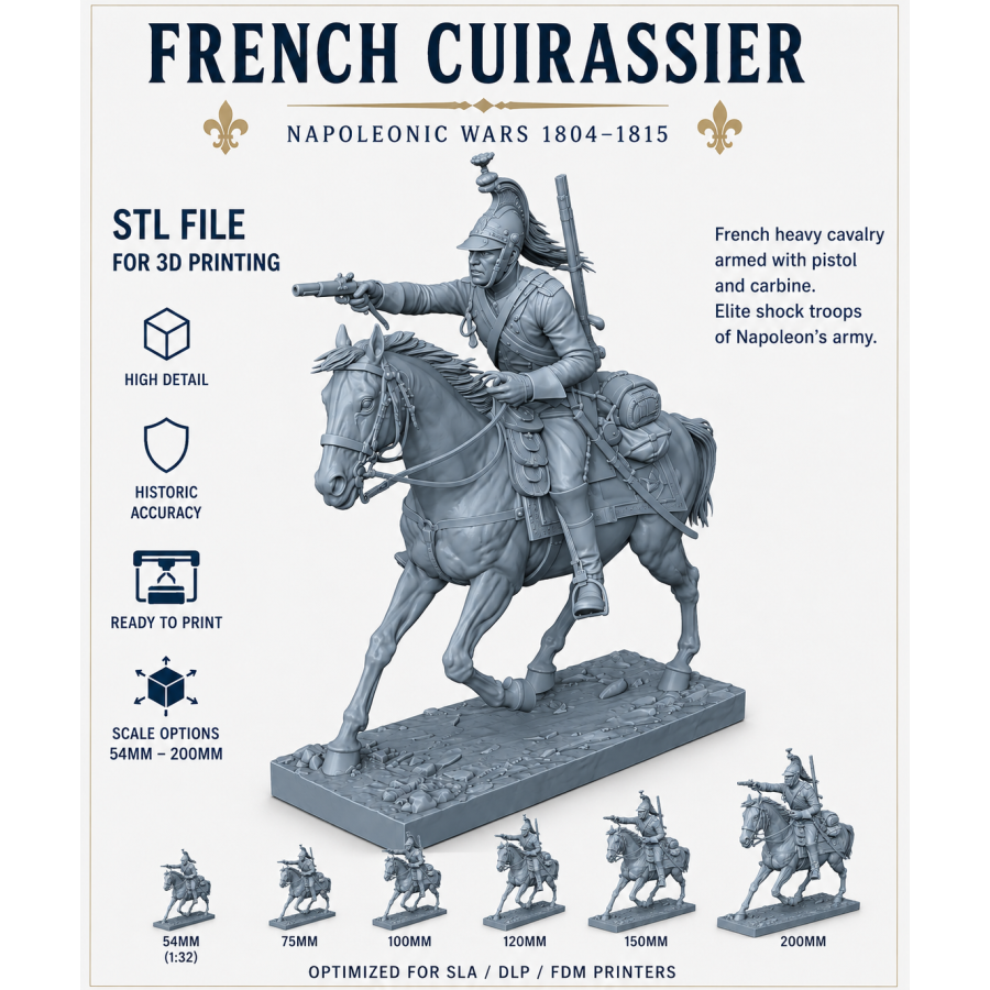 French Cuirassier STL File for 3D Printing – Napoleonic Heavy Cavalry Miniature (1804–1815) French Cuirassier STL File for 3D Printing – Napoleonic Heavy Cavalry Miniature (1804–1815)