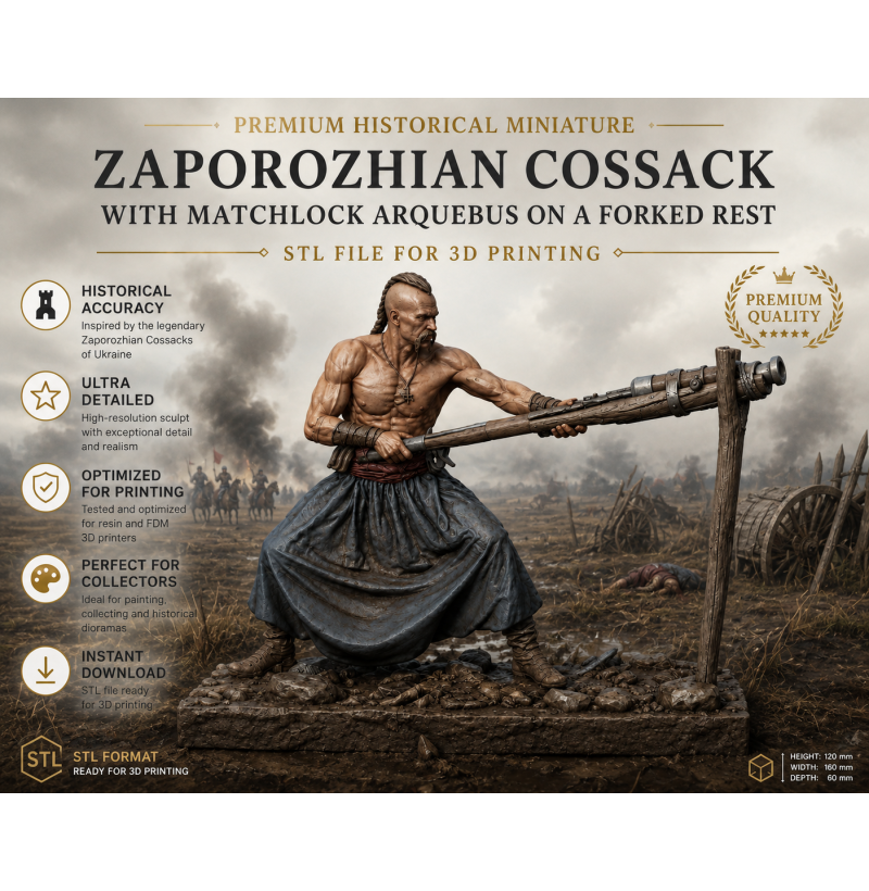 Zaporizhian Cossack with Matchlock Arquebus STL File for 3D Printing