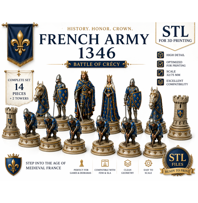 French Army of 1346 — Battle of Crécy Chess Set STL Files for 3D Printing