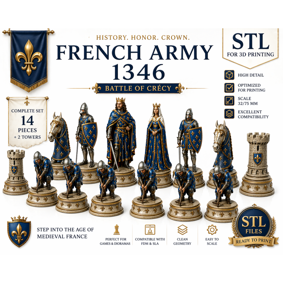 French Army of 1346 — Battle of Crécy Chess Set STL Files for 3D Printing French Army of 1346 — Battle of Crécy Chess Set STL Files for 3D Printing