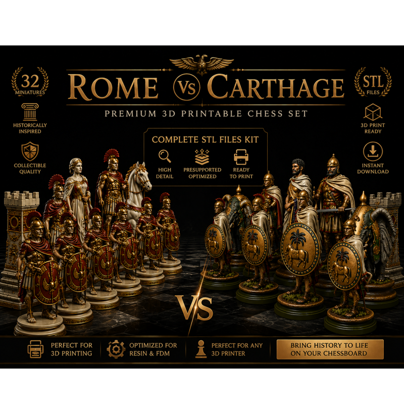 Roman vs Carthage Chess Set STL Files for 3D Printing