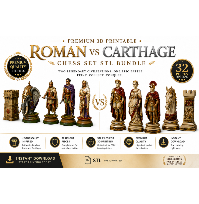 Roman vs Carthage Chess Set STL Files for 3D Printing