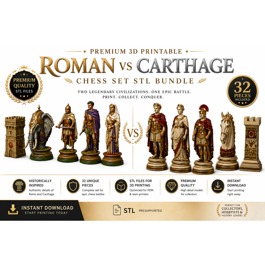 Roman vs Carthage Chess Set STL Files for 3D Printing Roman vs Carthage Chess Set STL Files for 3D Printing